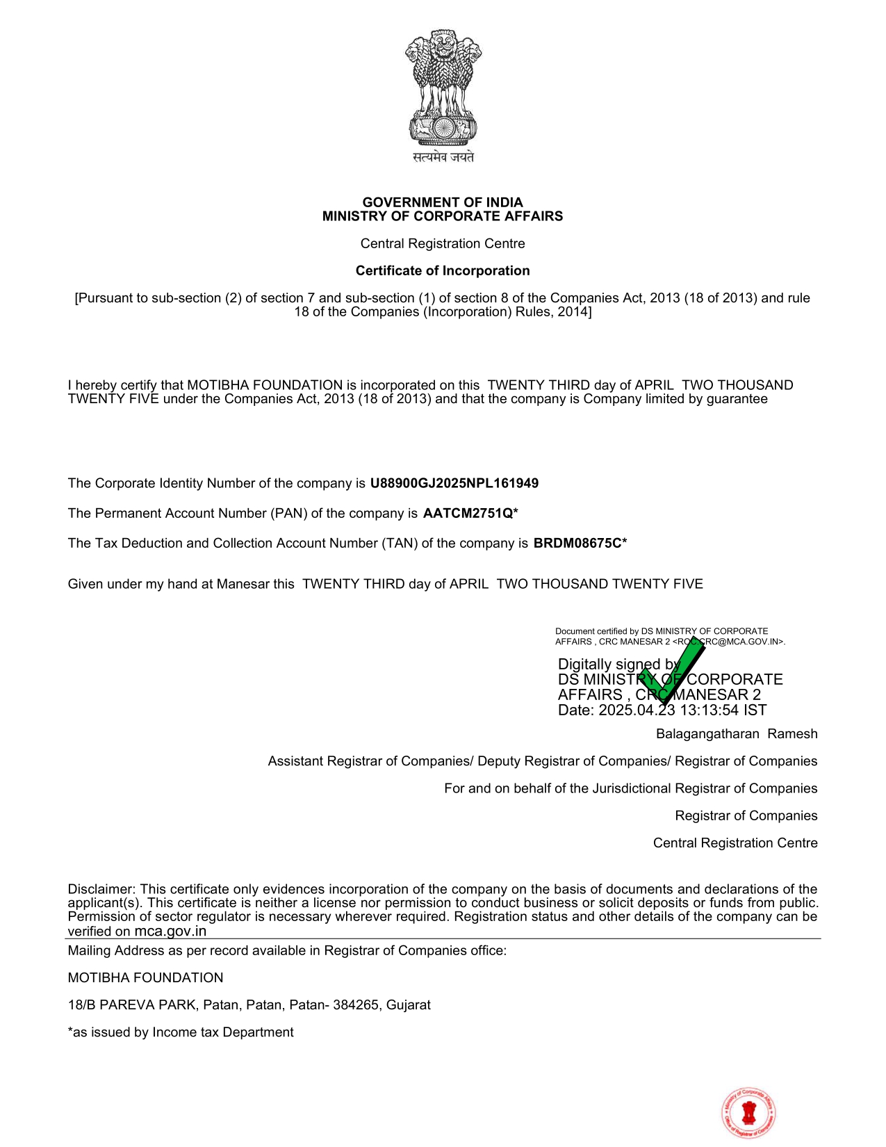 Certificate of Incorporation